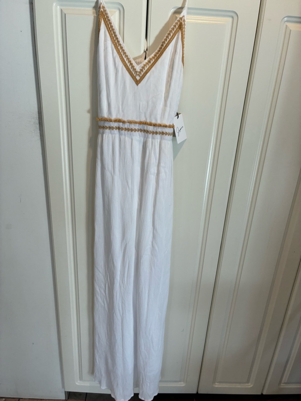 T.J.Maxx White Maxi Dress with Gold Trim new M